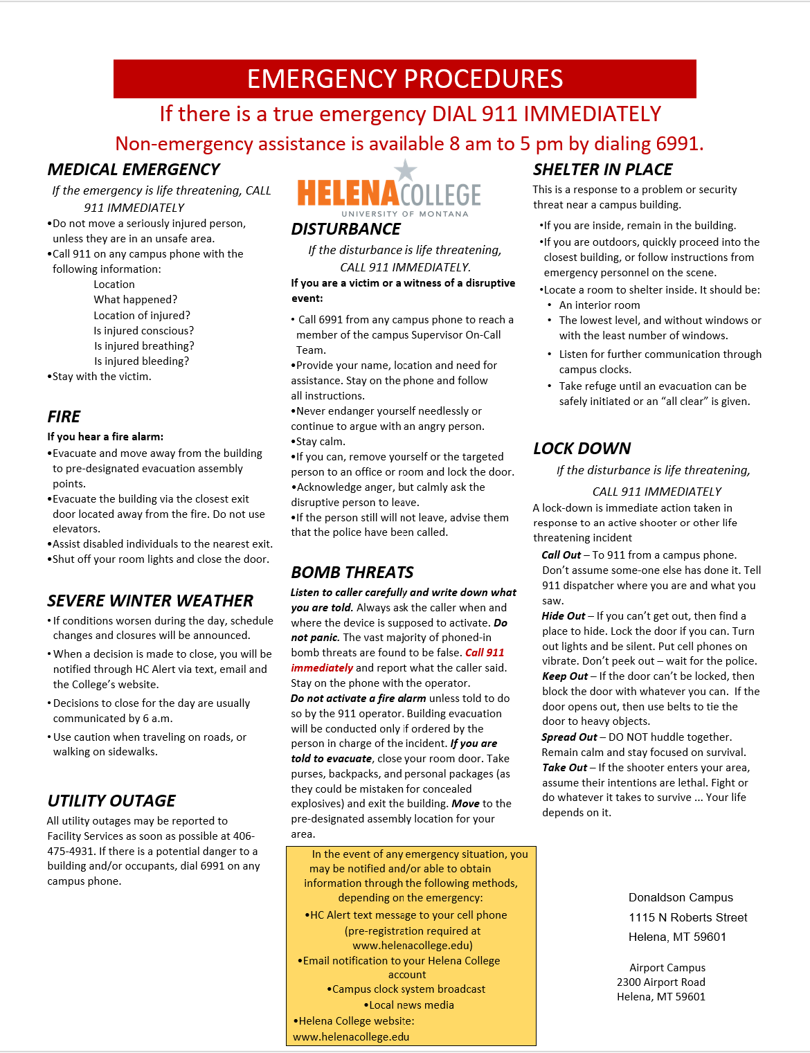 Helena College Emergency Procedures