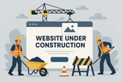 Illustration of workers and a construction crane with a "Website Under Construction" sign.
